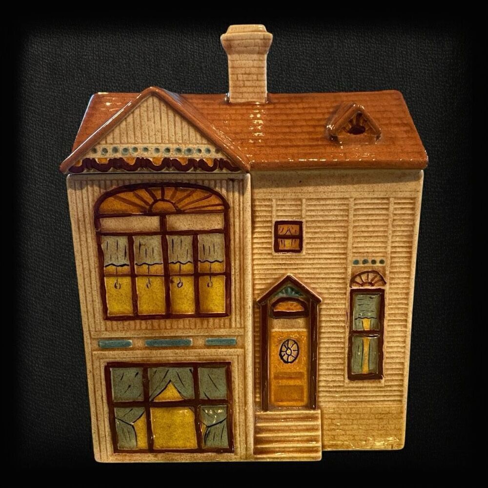 VTG VICTORIAN HOUSE COOKIE JAR 2 STORY SAN FRANCISCO STYLE CERAMIC BROWN 9”